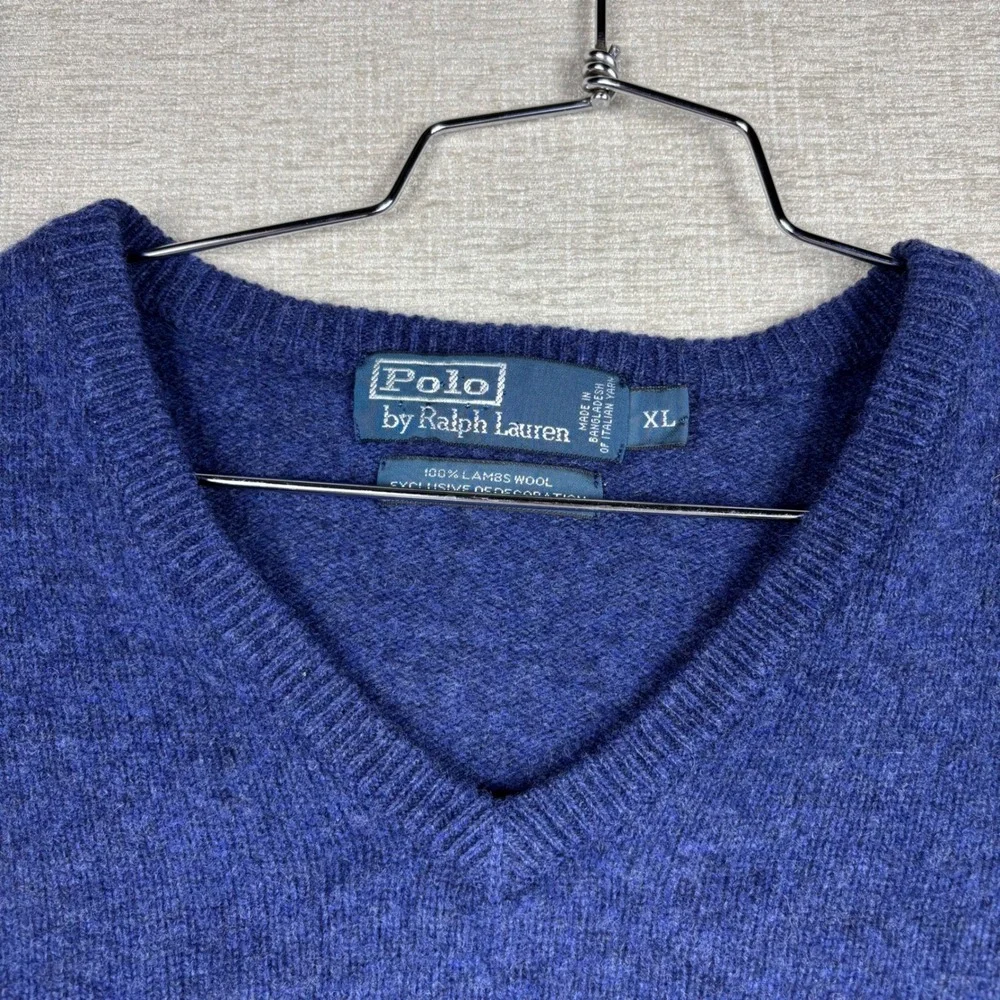 Polo Ralph Lauren Blue Lambswool V-Neck Sweater Mens XL Red Pony Logo